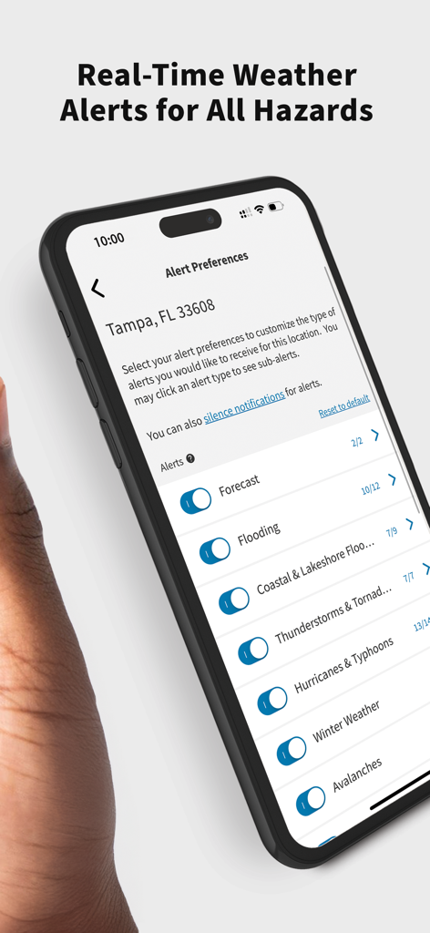 FEMA app alert preferences screen showing notification toggles for flooding, hurricanes, and tornadoes in Tampa Florida