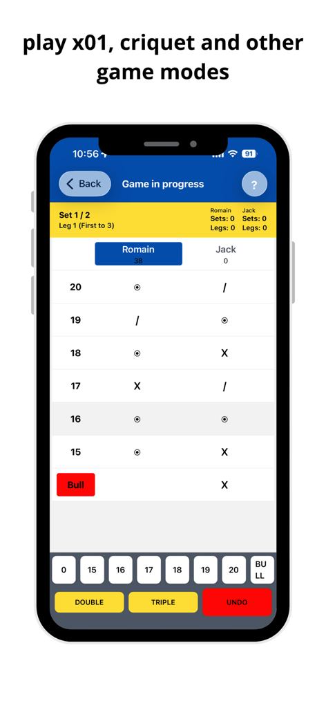 Dart Scorekeeper: Scoreboard - Mobile interface of the Dart Scorekeeper app showing a cricket game scoreboard for two players