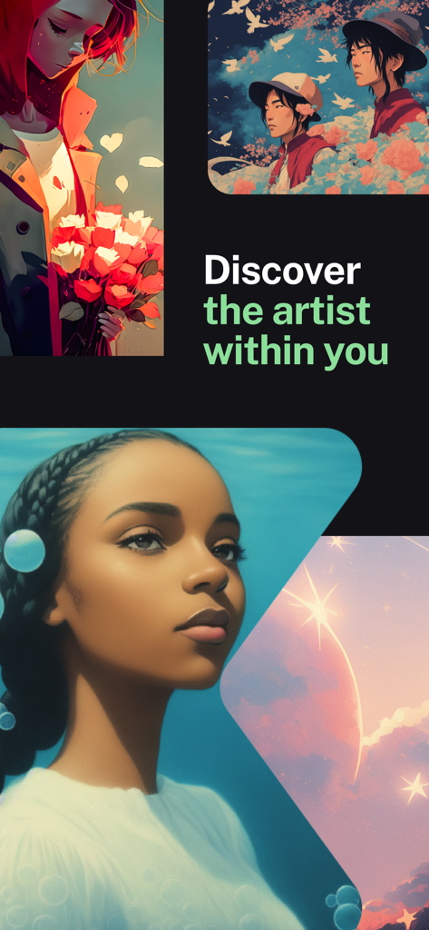 Un montaje de diversos retratos y escenas artísticas generadas por IA con el eslogan Descubre al artista que llevas dentro.