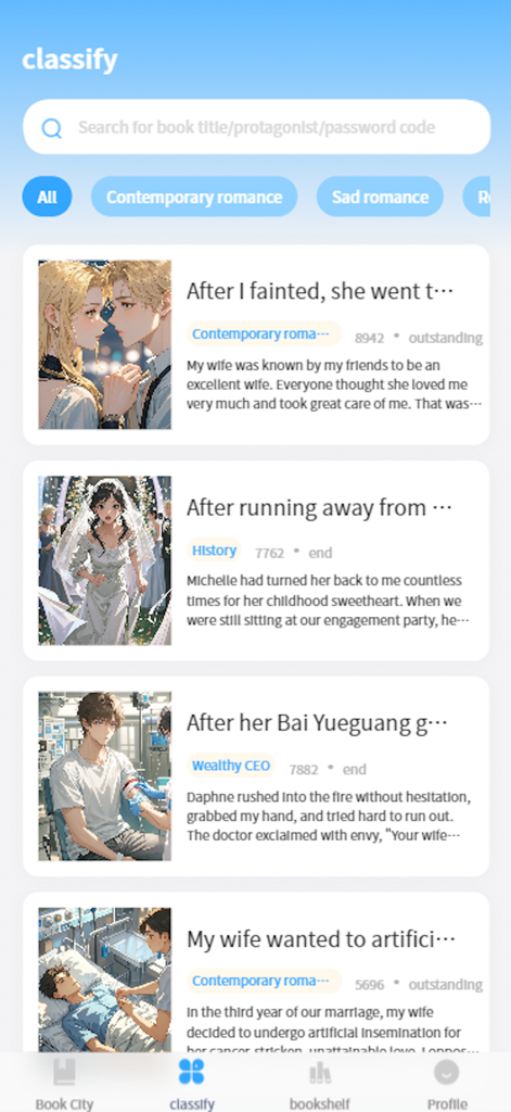 RealNovel app classify screen showing a list of categorized romance stories and web novels with anime style covers