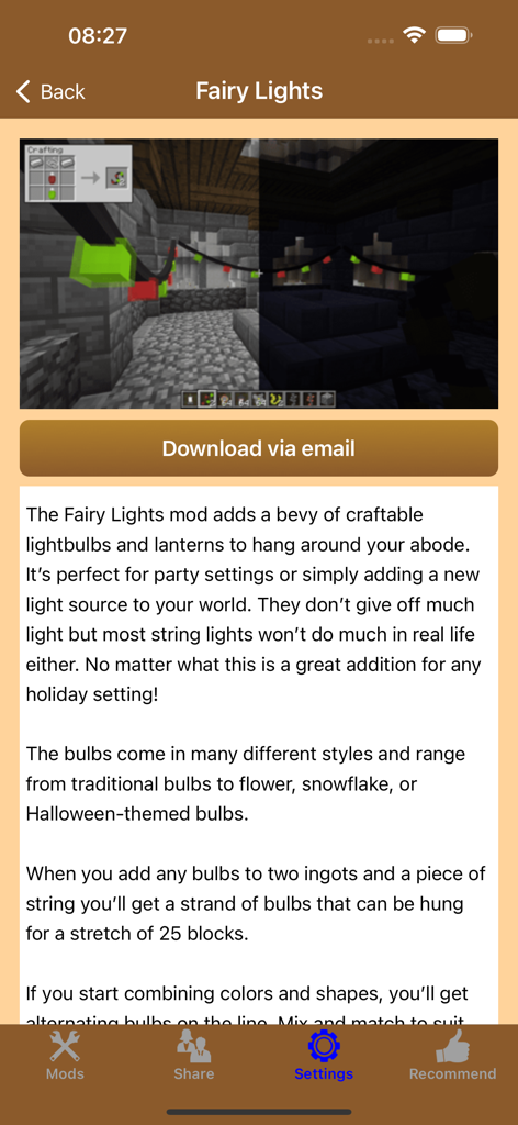 Description and preview of the Fairy Lights mod with a download via email button