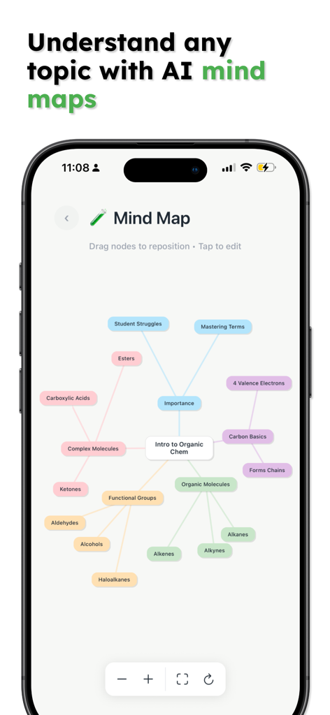 Memorize - Study Smarter - Uma tela de celular mostrando um mapa mental gerado por IA para química orgânica dentro do aplicativo de estudo Memorize.