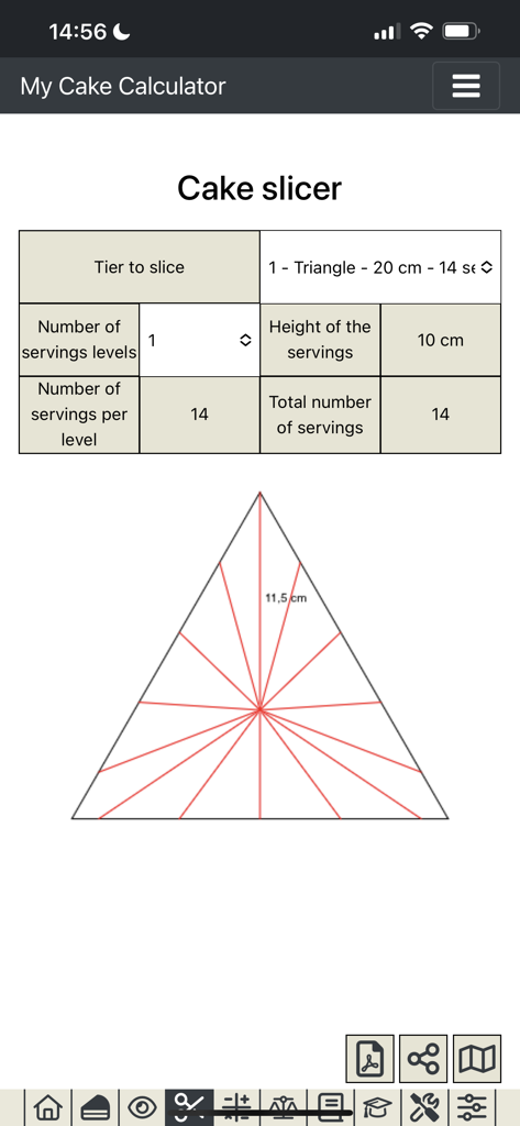 A cake slicer interface displaying a triangular cutting diagram for 14 servings