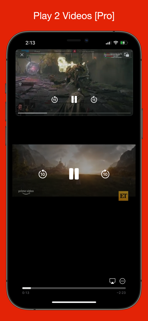 YubePiP: PiP Video Player - Tela do iPhone mostrando dois vídeos separados tocando ao mesmo tempo no aplicativo YubePiP.