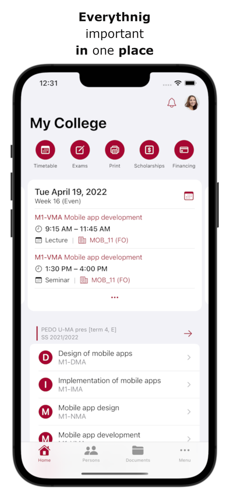 My College 2 - Dashboard of the My College 2 mobile app showing a university student timetable and course list