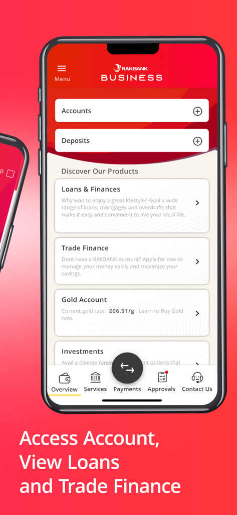 RAKBANK Business - RAKBANK Business mobile app dashboard displaying account overview, loans, and trade finance options