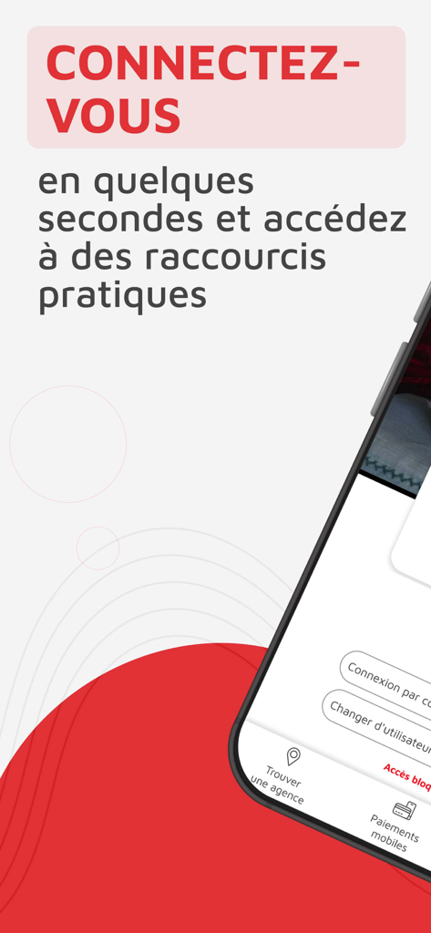 CMSO Suivi de compte et budget - Écran de connexion de l'application mobile CMSO montrant un accès rapide aux raccourcis et au localisateur d'agences