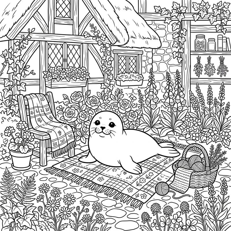 Discover a heartwarming scene with an adorable seal pup enjoying a peaceful cottagecore garden. This delightful coloring page invites you to unwind and explore a world of rustic charm and natural beauty.