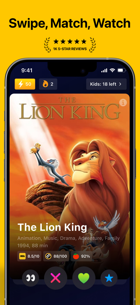 Movie Night app interface showing The Lion King movie card and swiping controls