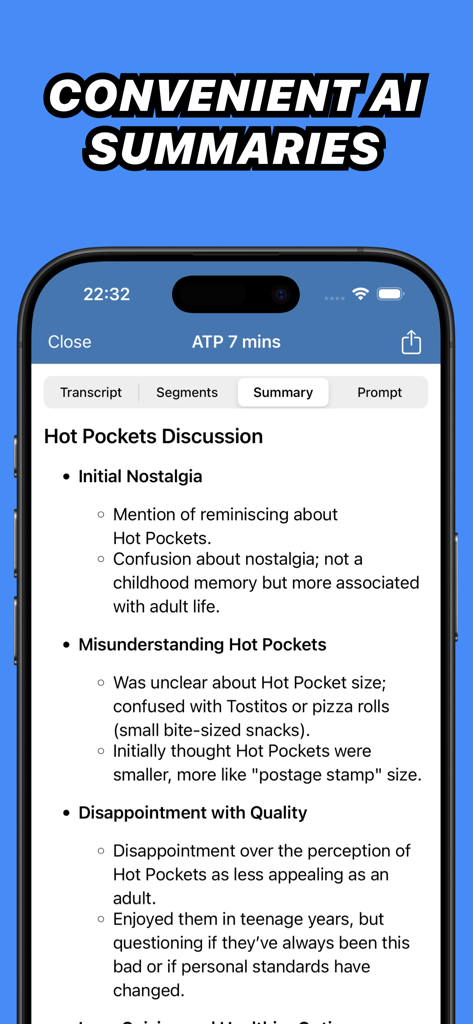 A screenshot of the Whisper Transcription app showing a detailed AI-generated summary of a recorded audio discussion.