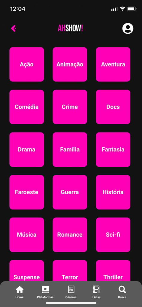 AhShow! - Interface do aplicativo AhShow! exibindo uma grade rosa de categorias de gêneros de filmes e séries para facilitar a descoberta de conteúdo.