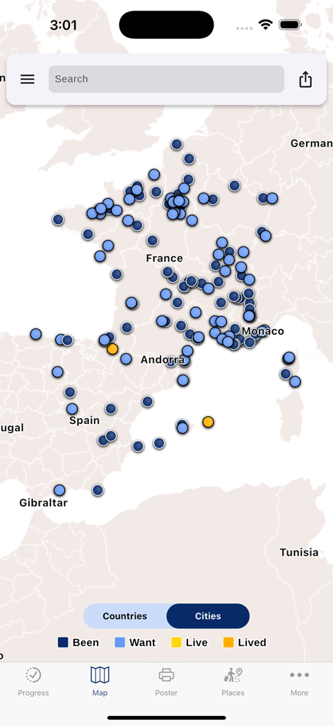 Visited: Travel Tracker & Map - Screenshot of the Visited travel app showing a detailed city map of France and Spain with custom pins for tracked locations