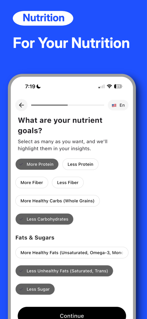 GROC AI - A mobile interface for selecting personalized nutrient goals like more protein and less sugar in the GROC AI app