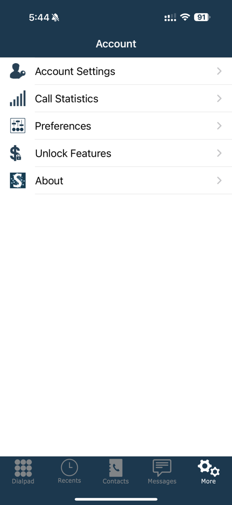 Skylar - Skylar 소프트폰 계정 메뉴. 설정 및 통화 통계가 표시됩니다.
