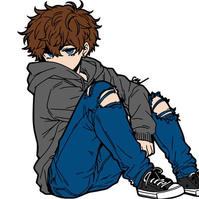 a male hoddie ripped jeans messy hair anime