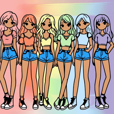 a group of girls wearing crop tops and shorts