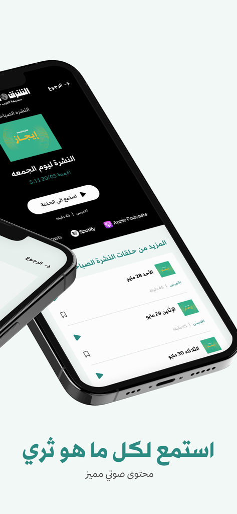 «الشرق الأوسط» Asharqalawsat - Asharq Al-Awsat mobile app showing the podcast and audio news section with an episode player and history