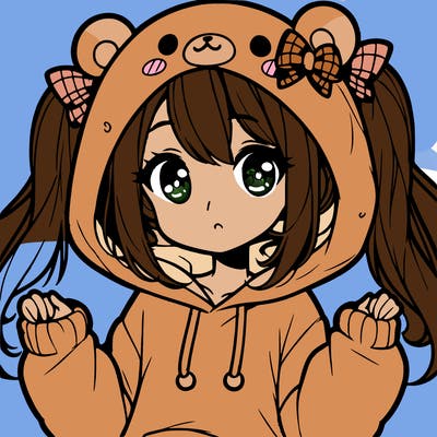 cute anime girl with ponytails and a cute bear hoodie