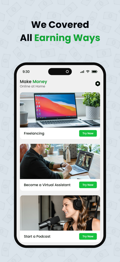 Bildschirm der Make Money Online-App listet Nebenjobs wie freiberuflicher virtueller Assistent und Podcasting auf