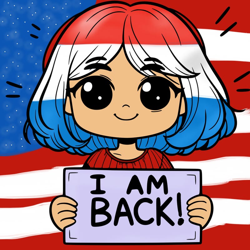 a girl holding a sign saying i am back