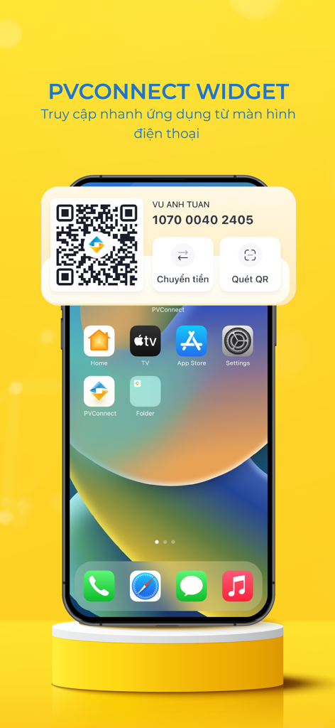 PVConnect - PVConnect banking app widget on an iPhone home screen showing a QR code and quick access buttons