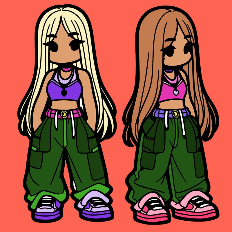 girl in baggy pants crop top and long hair