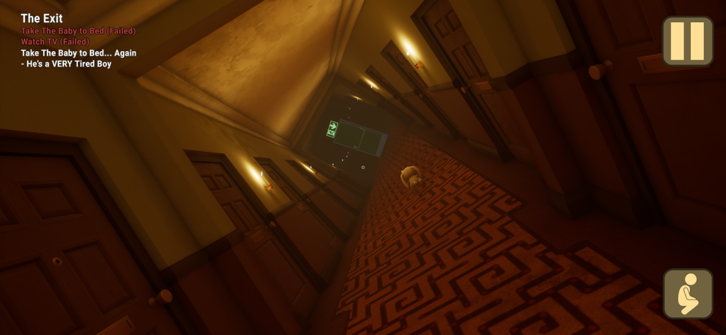 A distorted gameplay screenshot from The Baby In Yellow showing a long hotel-style hallway with a maze-patterned carpet.