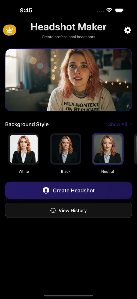 Interface of Headshot Maker app showing background style options to create professional AI portraits from a casual photo