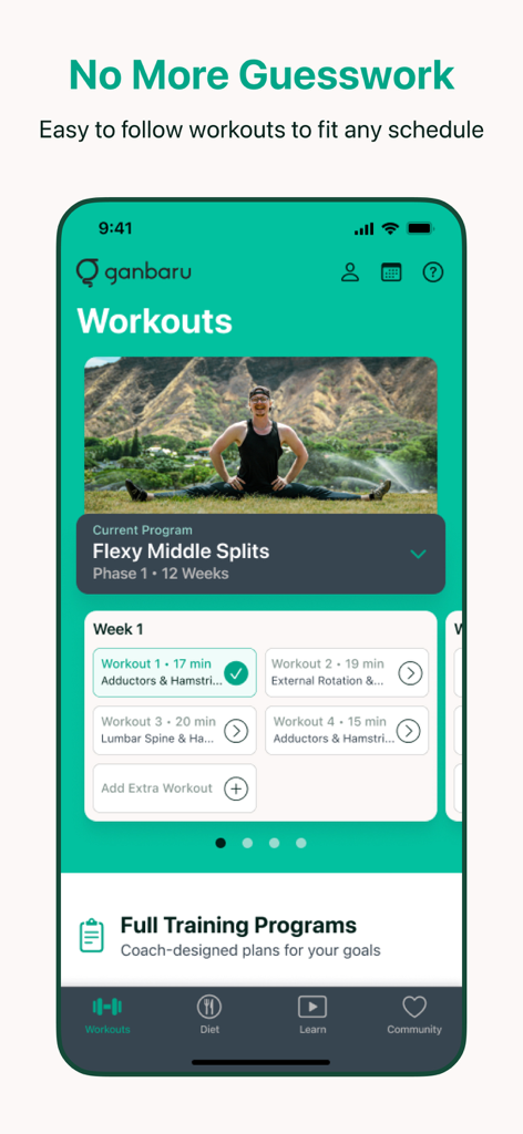 Ganbaru Method - Ganbaru Method app interface displaying a weekly workout schedule and a flexible middle splits training program