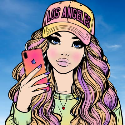 realistic beautiful girl wearing los ángeles cap holding an iphone