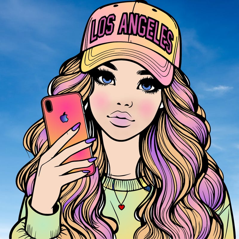 realistic beautiful girl wearing los ángeles cap holding an iphone