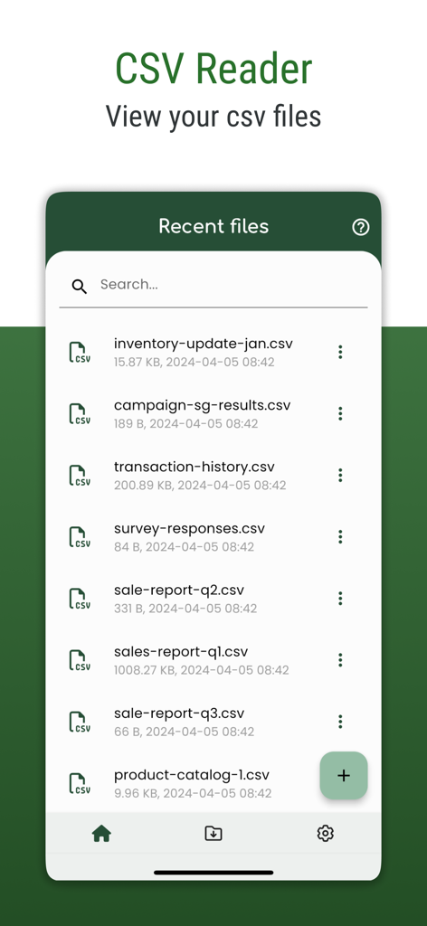 CSV File Viewer - Smart CSV - Interface of the Smart CSV app showing a list of recently viewed CSV files including inventory and sales reports.