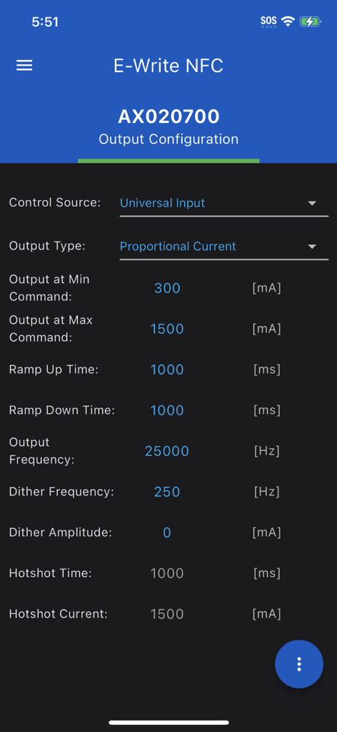 E-Write NFC - E-Write NFC app output configuration interface for Axiomatic controller AX020700