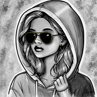 realistic teenage girl, wearing a hoodie and sunglasses