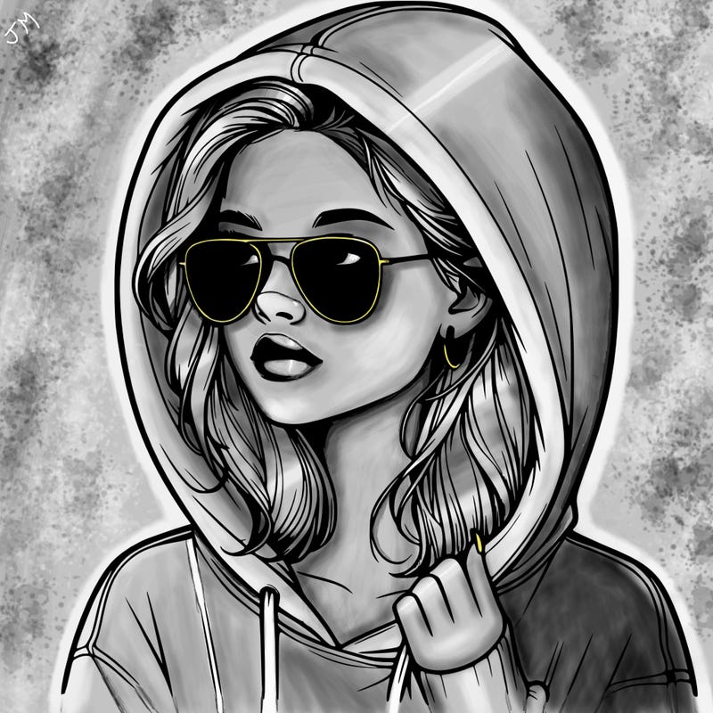 realistic teenage girl, wearing a hoodie and sunglasses