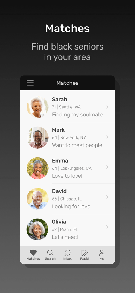 Black Senior Personals App - Matches screen on the Black Senior Personals app showing profiles of mature black singles