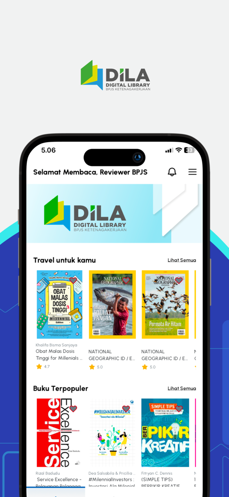 DiLA Digital Library - Home screen of the DiLA Digital Library app showcasing a selection of Indonesian e-books and magazines