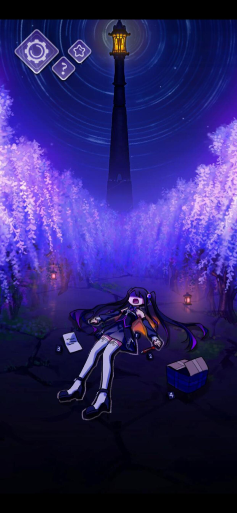 Miss Perfect Miss Ending - An anime style scene with a girl lying on the ground in a purple wisteria forest under a starry night sky with a tall tower
