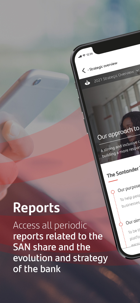 Santander Shareholder Investor app screen showing bank strategy and periodic reports