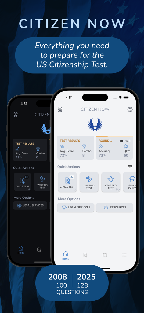 Citizen Now: US Citizenship - Main interface of the Citizen Now app showing study progress and test preparation options for US citizenship