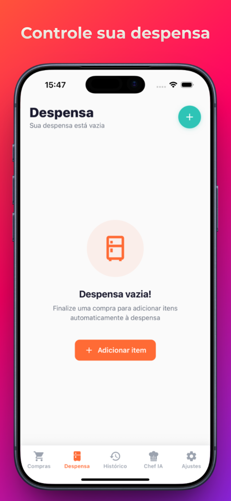 Lista de Compras e Despensa - Pantalla de inventario de despensa de la aplicación móvil Super Lista que muestra un estado vacío con una opción para añadir artículos.