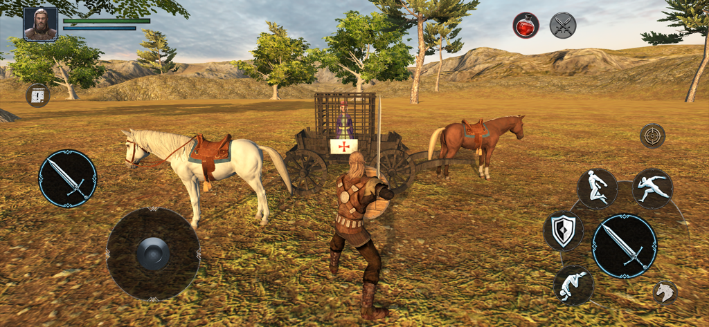 Ertugrul Gazi 3: RPG Battle - Vista en tercera persona de un guerrero cerca de una jaula de prisioneros tirada por caballos en un paisaje abierto de Ertugrul Gazi 3.