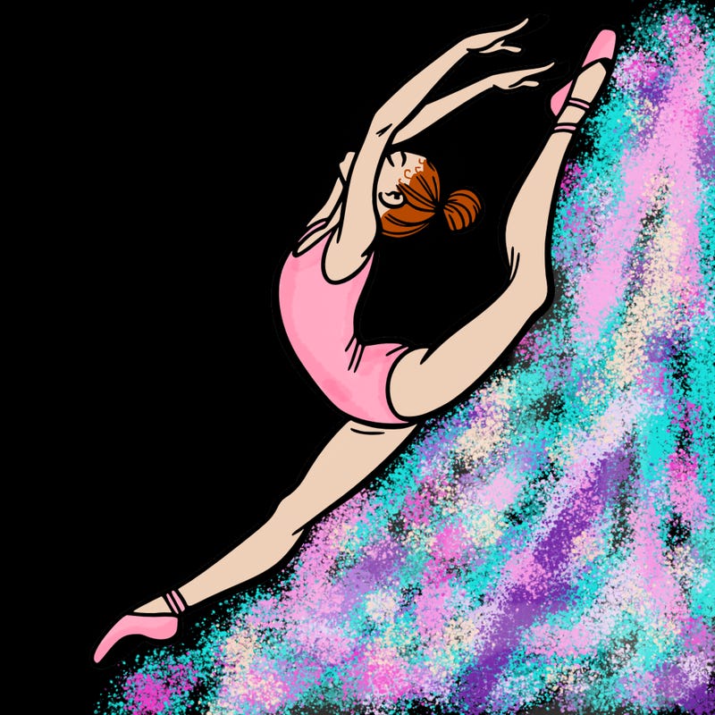 gymnast doing a leap in a leotard with a bent back leg