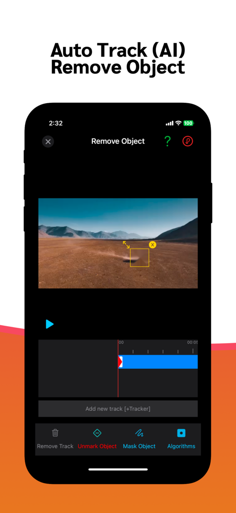 remove watermark video retouch - Interface of the Video Retouch app demonstrating AI object tracking and removal on a landscape video.
