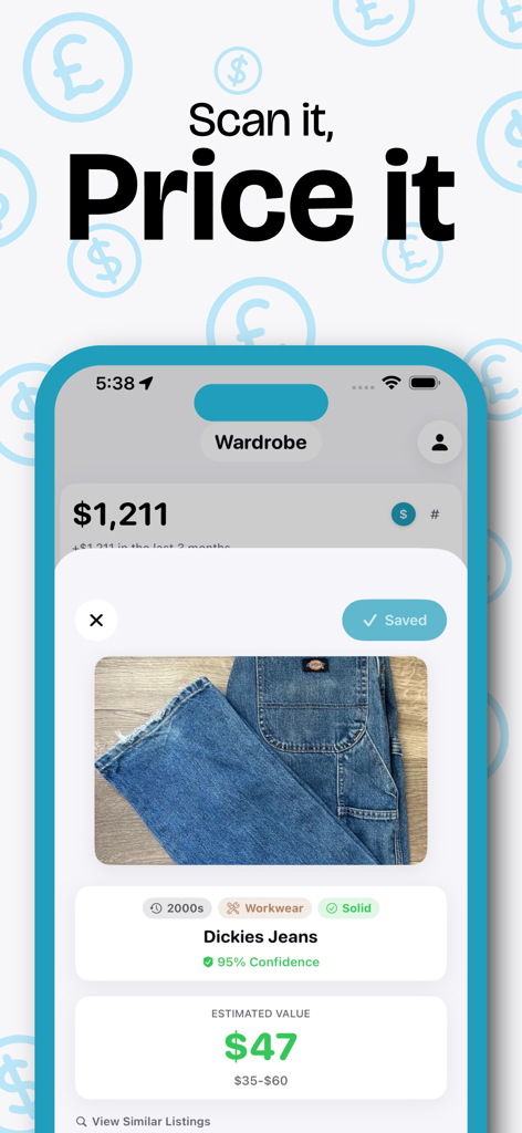 Screenshot of the Thrifted app showing the estimated resale value and identification of a pair of vintage jeans