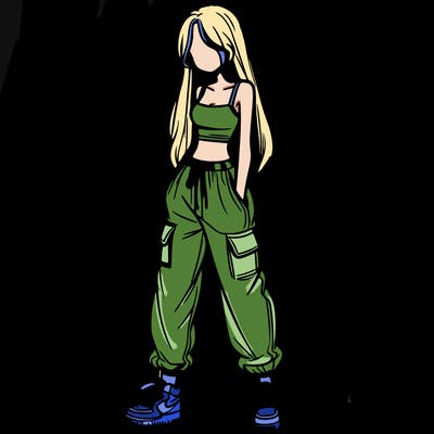 girl in baggy pants crop top and long hair