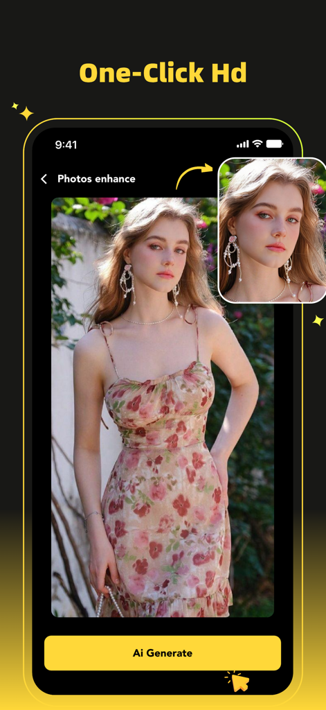 Maker AI Photo & Video Creator - Interfaz de la aplicación Maker AI que muestra la función de mejora de retratos en HD con un solo clic