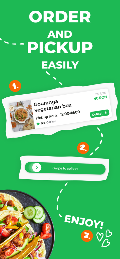 Bonapp: Save tasty food! - A visual guide showing three steps to order discounted food packages, swipe to collect, and enjoy a meal using the Bonapp app.