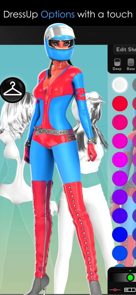 ColorMinis 3D Coloring Studio - Interface of ColorMinis 3D Coloring Studio showing dress up options and a color palette for a racer character model.