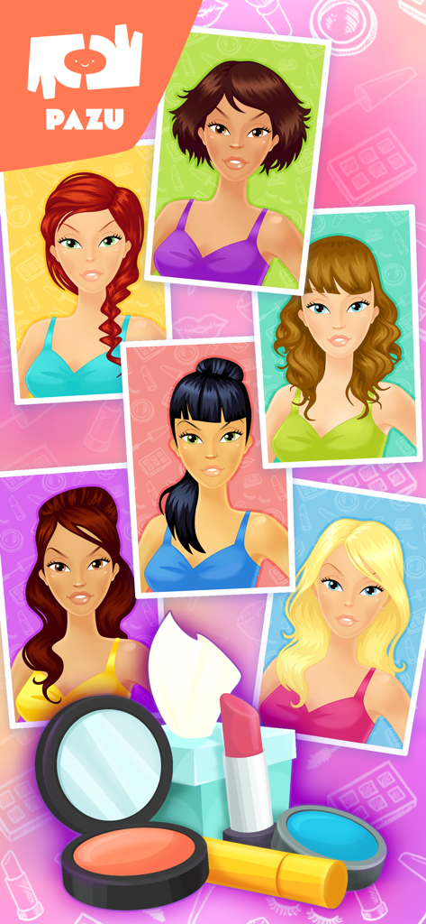 Diverse cartoon girl avatars and makeup kit items from Pazu Makeup Kids Games for Girls